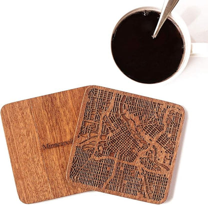 Minneapolis Map Coaster, Set of 4, Sapele Wooden Coaster with city map, Multiple city optional, Handmade