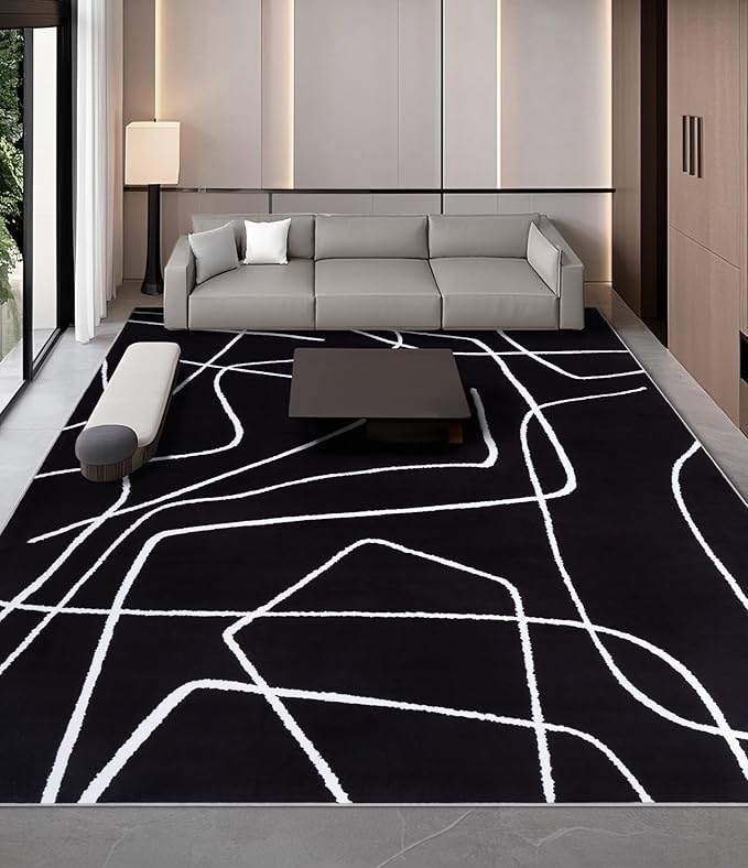 YIHOUSE Modern Washable Area Rug for Living Room Bedroom - Large Abstract Black and White Rug Non-Slip Ultra-Thin Home Decor (Dark Abstract, 5'x7'ft)