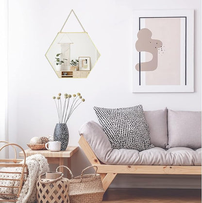 LONGWIN Hanging Wall Hexagon Mirror Decor Gold Geometric Mirror with Chain for Bathroom Bedroom Living Room 9.4"x 8.2"
