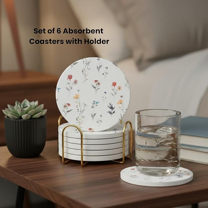 Ceramic Absorbent Coasters Set of 6 with Holder, Marble Drink Coasters for Coffee Table, Water Absorbing Coaster (Floral)