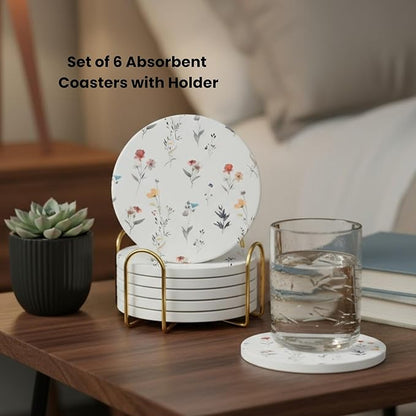 Ceramic Absorbent Coasters Set of 6 with Holder, Marble Drink Coasters for Coffee Table, Water Absorbing Coaster (Floral)