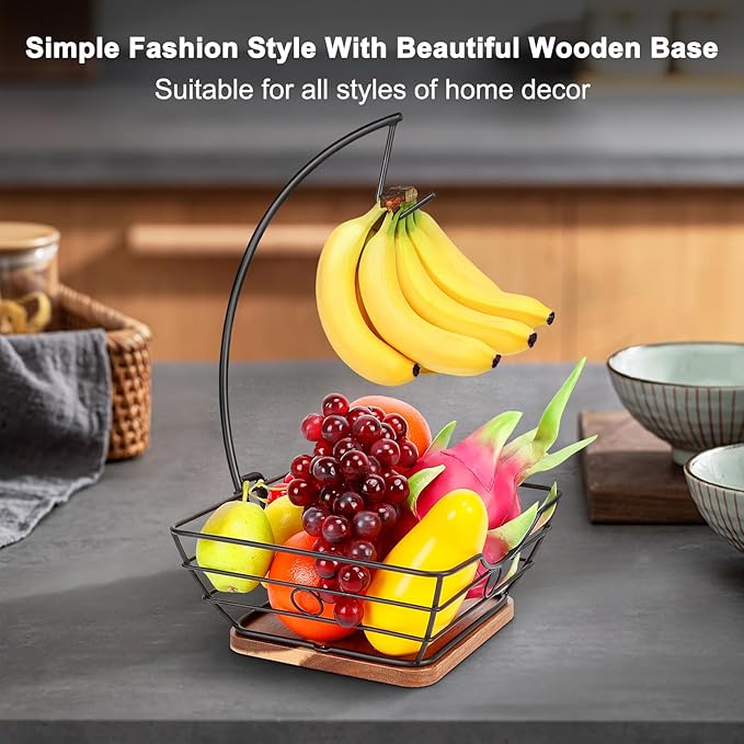 Livabber Countertop Fruit Basket Bowl with Banana Hanger, Modern Standing Fruit Vegetable Bowl Storage, with Banana Tree Holder for Kitchen Dinning Table (Square Wood, Black)