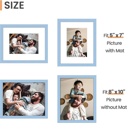 upsimples 8x10 Picture Frame Set of 5, Display Pictures 5x7 with Mat or 8 x 10 Without, Wall Gallery Photo Frames, Blue