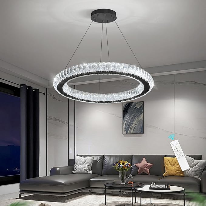 LED Chandelier Modern Dimmable Dining Room Chanderliers Entryway Crystal Ring Pendant Lights for Kitchen Bedroom Living Room Black Light