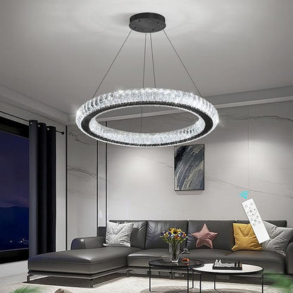 LED Chandelier Modern Dimmable Dining Room Chanderliers Entryway Crystal Ring Pendant Lights for Kitchen Bedroom Living Room Black Light