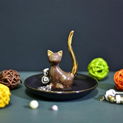 Brown Glazed Plated Gold Ceramic Elegant Engagement Wedding Cat Ring Trinket Dish
