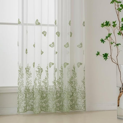 VISIONTEX White Sheer Voile Curtains, Decorative Green Embossed Butterflies Rod Pocket Window Drapes for Home Kitchen, Living Room and Bedroom 54 x 63 Inch, Set of 2 Curtain Panels