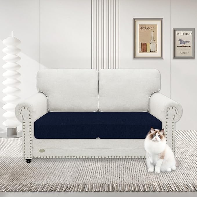 MAXIJIN Waterproof Couch Cushion Covers Stretch Sofa Seat Slipcovers Washable，Sectional Outdoor Cushion Covers with Elastic Bottom for Dogs Pets Kids (2 Pc Cushion Cover, Navy Blue)