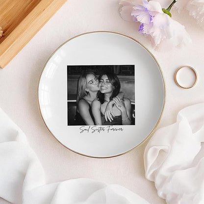 Personalized Besties Photo Ring Dish, Custom Jewelry Dish Gift for Besties, Soul Sister Trinket Dish Gift for Long Distance Friendship Women BFF Christmas Birthday Wedding Gift