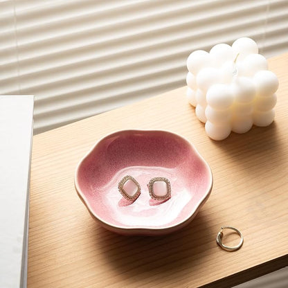 Ceramic Ring Dish Flower Jewelry Holder Dish Cute Jewelry Dish Tray Trinket Dish Small Decorative Tray Key Bowl Room Decor Aesthetic for Mom Best Friend Sister (pink)