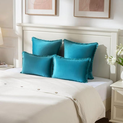 FUTEI Teal Velvet Decorative Throw Pillow Covers 22x22 Set of 2,Soft Cozy Edge with Tassels Cushion Case,Boho Modern Home Decor for Couch Bed Living Room