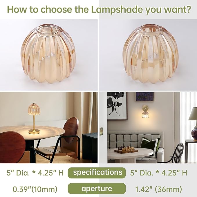 Tulip Lamp Shades Replacement, 5" Dia. * 4.25" H，0.394” Top Hole Light Amber Glass Sconce Shade Heavy and Thick for Table Lamp, 2 Pack