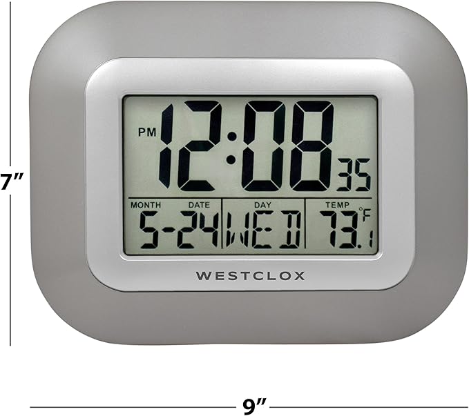 Westclox Large Digital Wall Clock with Date, Day & Temperature – Battery Operated Digital Clock with Alarm & Snooze, 12/24 Hour Display, Stylish Wall or Desk Clock for Home, Office & Bedroom (Gray)