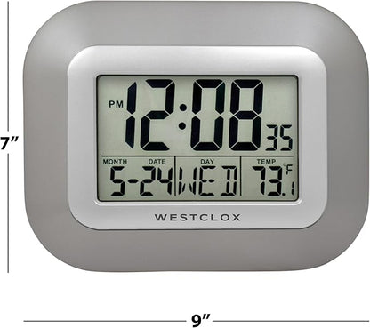 Westclox Large Digital Wall Clock with Date, Day & Temperature – Battery Operated Digital Clock with Alarm & Snooze, 12/24 Hour Display, Stylish Wall or Desk Clock for Home, Office & Bedroom (Gray)