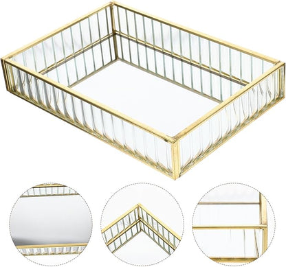 Alloy Frame Glass Jewelry Storage Tray Small Striped Mirror Surface Organizer for Earrings Lipstick Perfume Decorative Dish for Home Vanity and Desktop Tidying