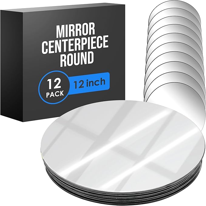Houseables Mirror Centerpieces for Tables, Round Mirrors for Centerpieces, Mirrored Trays, Round Table Plate Tray, Circle, Glass Charger, Wedding, Center Piece, Small, Base, Candle, 12 Inch, 12 Pack