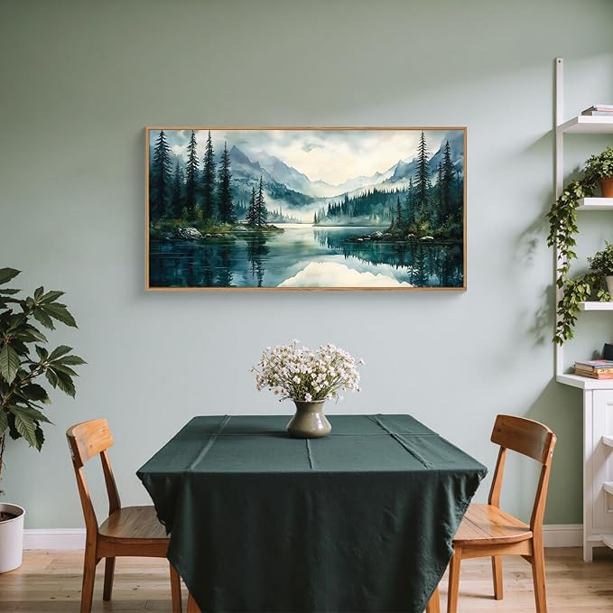 HLNIUC Green Foggy Forest Mountain Wall Art Framed,Large Boho Watercolor Pine Tree Wall Decor (20"x40"), Nature Dark Lake Landscape Scenery Canvas Painting for Living Room, Bedroom, Office