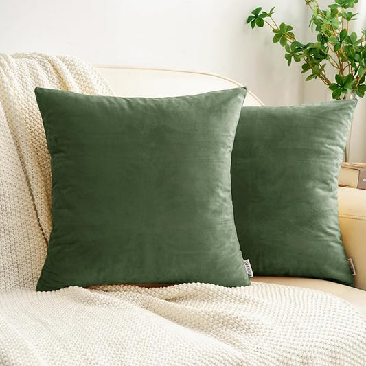 HWY 50 Moss Green Velvet Throw Pillow Covers 20x20 Inch, Pack of 2 Soft Cozy Solid Decorative Luxury Cushion Cases for Couch Sofa Bed Living Room Bedroom