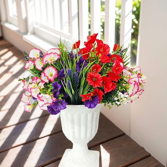 Artificial Silk Flowers for Outdoor Decoration,12 Bundles Faux Flowers Colorful Morning Glory with Eucalyptus Fake Plants Greenery UV Resistant for Outside Front Door Planter Porch Patio Yard