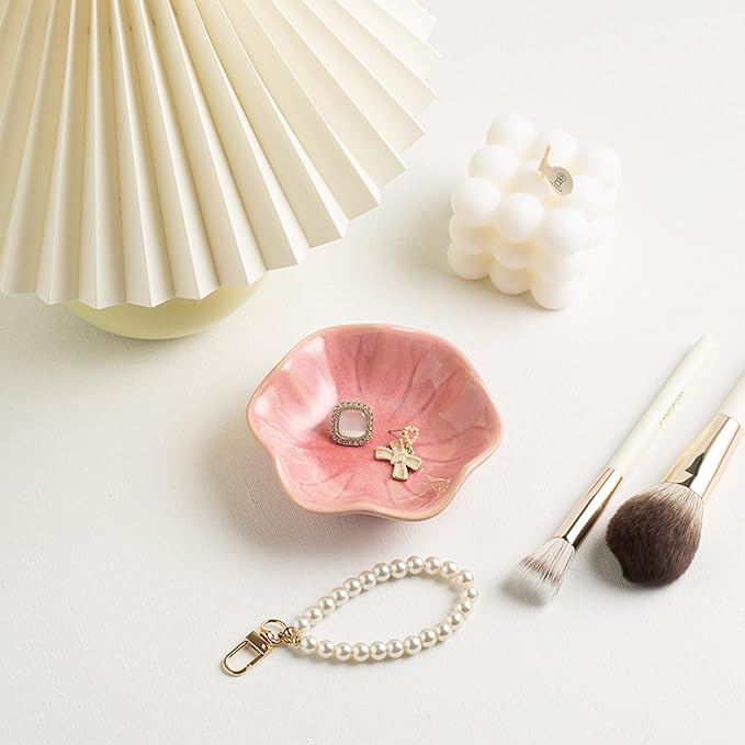 Ceramic Ring Dish, Jewelry Dish Holder, Small Trinket Tray Plate for Earrings Rings Necklaces Keys, Gift for Mom Friend Sister on Birthday Mother's Day Christmas (Pink Surface)