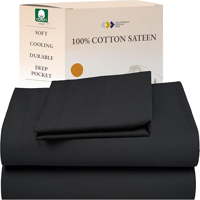 California Design Den Natural 100% Cotton Sheets Twin XL Size Set - Soft Sateen, Twin XL Sheets with Deep Pockets, Durable Bedding Set for Dorm Rooms, College Dark Grey (Black Tone)