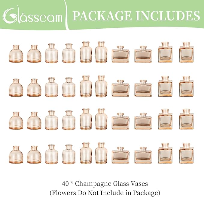 Glasseam Bud Flower Vases in Bulk: 40 Glass Cute Small Vases for Centerpieces Vintage Mini Wedding Birthday Party Table Centerpieces Tiny Baby Shower Dining Room Decoration Champagne