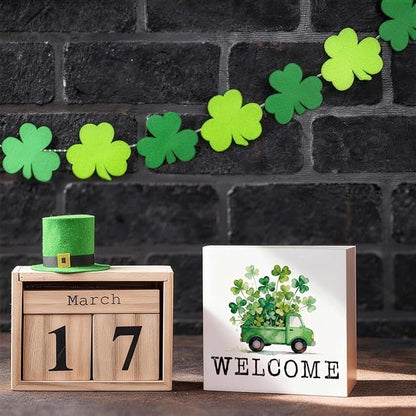 St Patrick Decor Welcome Wooden Box Sign, Shamrock Truck Farmhouse Tabletop Decor for Home Entryway Shelf Desk, Rustic Holiday Wooden Welcome Sign for Irish Theme Home 5 x 5 Inches