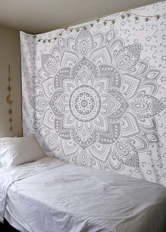 raajsee Metallic Silver Tapestry Grey Mandala Wall Hangings, Indian Cotton Beach Throw Blanket, Hippie Tapestries Boho Bohemian Decor,Twin Bedspread Yoga Meditation Mat Rugs, 52 x 60 Inches