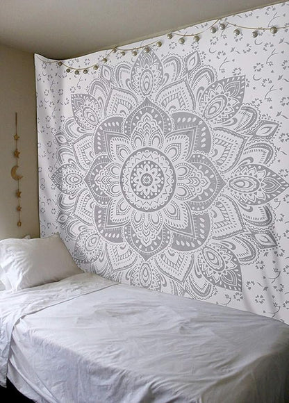 raajsee Glittering Silver Grey Tapestry Wall Hanging Mandala-Bohemian Room Decor-Indian Cotton Throw Hippie Tapestries -Boho Bedding White Golden Queen bedspread 82x92 inches-Meditation Yoga Mat Rugs