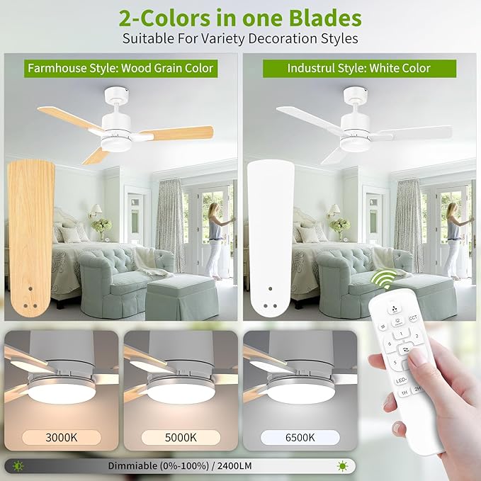 Ceiling Fans with Lights, 42 Inch Low Profile Ceiling Fan with Light and Remote Control,10 Min Quick Installation,Reversible,3CCT Dimmable,Quiet,white Small Ceiling Fan for Bedroom Indoor/Outdoor
