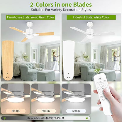 Ceiling Fans with Lights, 42 Inch Low Profile Ceiling Fan with Light and Remote Control,10 Min Quick Installation,Reversible,3CCT Dimmable,Quiet,white Small Ceiling Fan for Bedroom Indoor/Outdoor