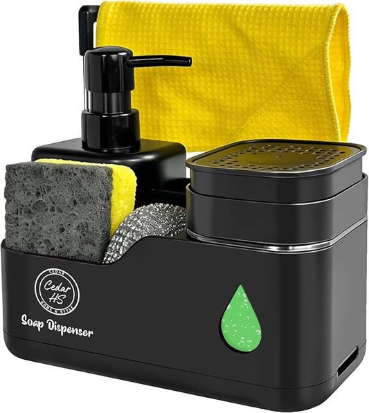 Kitchen Hand and Dish Soap Dispenser Set (Black) – Dual Pump Bottles with Sponge Caddy, Brush Holder, Towel Bar & Drain Rack – Space-Saving Countertop Organizer for Sink & Bathroom