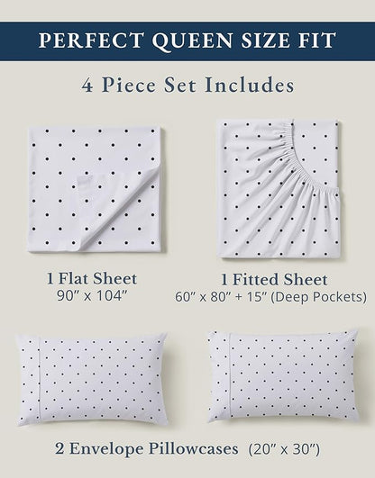 LANE LINEN Eco Friendly 100% Organic Cotton Queen Bedsheet Sets, Luxury Printed Cotton Sheets Fully Elasticized Low Pill Fade Resistant deep Pocket Queen Sheets Fits 15" Mattress- Black Polka Dot