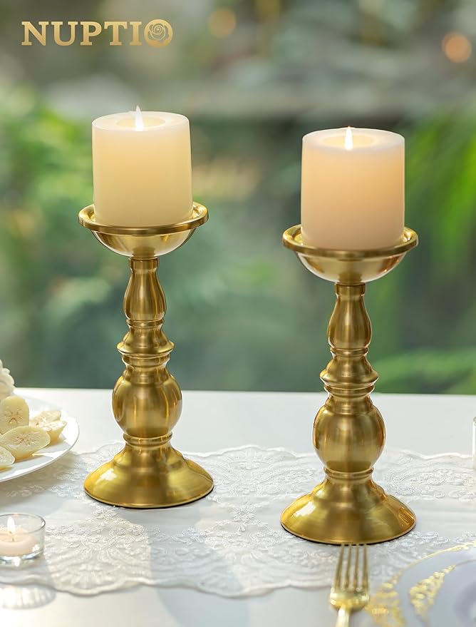 NUPTIO Pillar Candle Holder Brass: Gold Tall Candles Stand for Christmas New Year Party Centerpiece - Large Metal Candleholder Decorative for Table Fireplace Decor(2 x L)