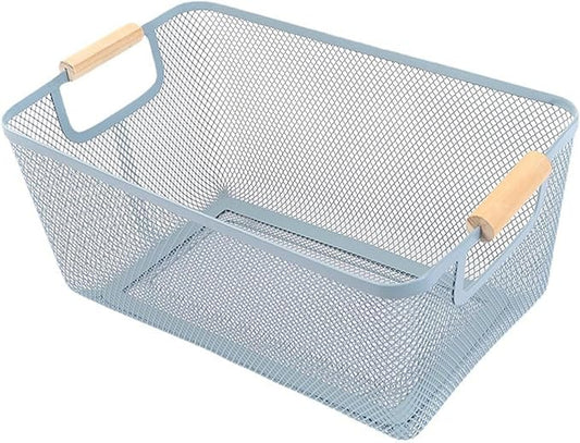 Metal Mesh Steel Basket, Large Wire Storage Organizer Basket Multi-function Hanging Kitchen Baskets with Wood Handle for Kitchen Bathroom Picnic Home, Rectangle-Blue