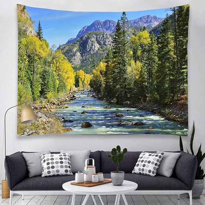 YISURE Nature Mountain Forest Tapestry, Scenic Green Pine Tree Waterfall Landscape Wall Hanging Tapestries for Home Office Dorm Indoor and Outdoor Decoration Large Size 91(W) x71(L) Inch