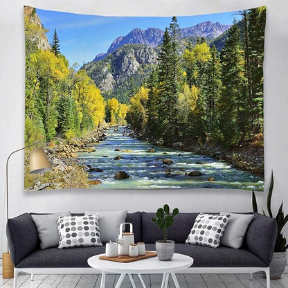 YISURE Nature Mountain Forest Tapestry, Scenic Green Pine Tree Waterfall Landscape Wall Hanging Tapestries for Home Office Dorm Indoor and Outdoor Decoration Large Size 91(W) x71(L) Inch
