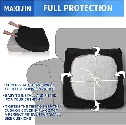 MAXIJIN Velvet Stretch Cushion Covers Couch Cushion Slipcovers Loveseat Sofa Sest Covers for Individual Cushions with Elastic Bottom (2 Piece Loveseat Seat Slipcovers, Black)