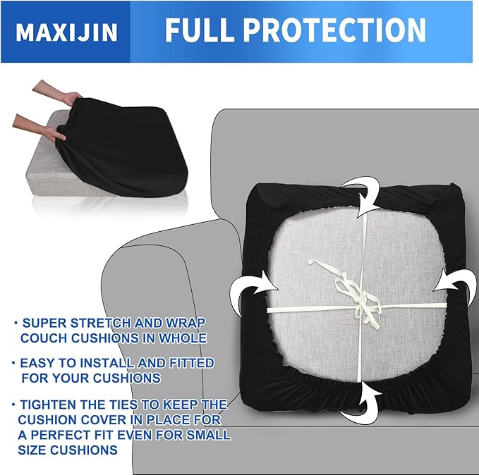 MAXIJIN Velvet Stretch Cushion Covers Fitted Couch Cushion Slipcovers Sofa Seat Cover for Individua Cushions with Elastic Bottom (3 Piece Sofa Seat Slipcovers, Black)