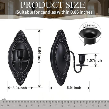 Black Candle Sconces Set of Two, Victorian Decor Royal Wall Sconce, Metal Rustic Candle Holder Baroque Home Wall Decor for Living Room, Dining Room, Bedroom, Fireplace, Hallway, Window