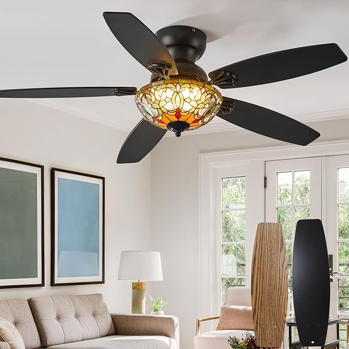 Tiffany Ceiling Fans with Lights - 48" Ceiling Fan Chandelier with 5 Dual-Blades and Glass Shade, 6 Speeds and Reversible, Indoor and Outdoor, Retro Style