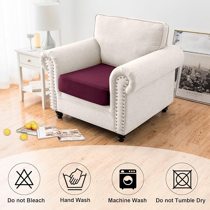 NAISI Waterproof Couch Cushion Covers Thick Velvet Fabric Washable Sofa Slipcovers 1 Piece Individual Sectional Couch Covers with Elastic Bottom(1 PC for Seat Cushion or Backrest,Burgundy)