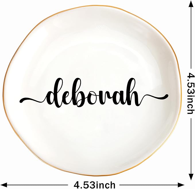 JoycuFF Deborah Personalized Name Ceramic Jewelry Tray, Mothers Day Christmas Anniversary Engagement Birthday Gifts for Women Couples, Trinket Dish for Rings Earrings Necklaces Bracelets Keys