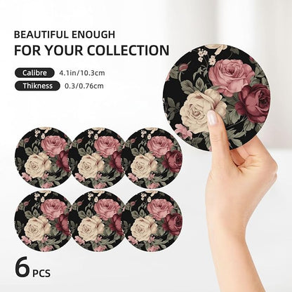 6 Pcs Ceramic Coasters with Holder Absorbent Drink Round Vintage Pink and Cream Dark Floral Design for Home Table Coffee Cup Wine Beer Bar,Size 4 inches