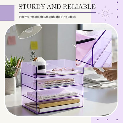 Harloon 4 Tier Acrylic Paper Tray 12.4 x 8.7 x 2.7 Inches Stackable Letter Clear Organizer No Need to Assemble Acrylic Paper File Organizer for Office Workspace Desktop Storage (Transparent Purple)