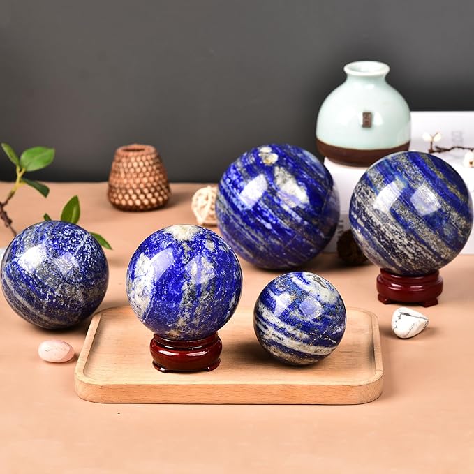 JIC Gem Lapis Lazuli Crystal Sphere Blue Quartz Crystal Ball with Wooden Stand Meditation Balls for Witchcraft and Decorative Balls 50-60mm