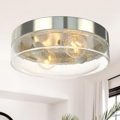 Kalium Flush Mount Ceiling, 2-Light Farmhouse Ceiling Mount with Seeded Glass Lampshade, Industrial Flush