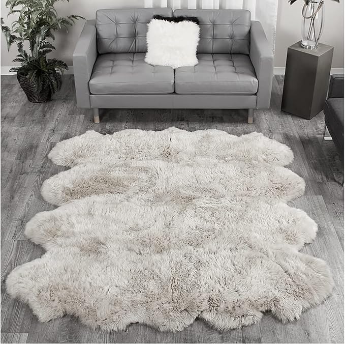HUAHOO Premium Genuine Sheepskin Rug Real Australia Sheepskin Natural Luxury Fluffy Lambskin Fur Area Rug Seat Covers for Kids Bedroom Sofa Chair Cover Pets Dogs Mat Eight Pelt /6.2' x 7' Linen