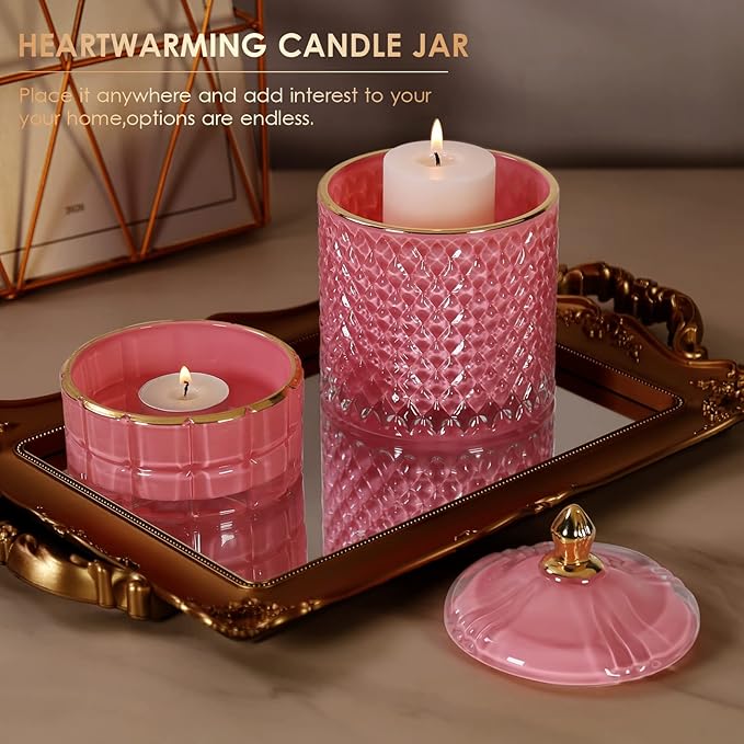 Candy Cookie Jar Candy Dish with Lid, Apothecary Jars with Lids for Bathroom Pink Decor Aesthetic Room Decor， Glass Decorative jar for Storage Cotton Swab or Cotton Rounds (20oz)
