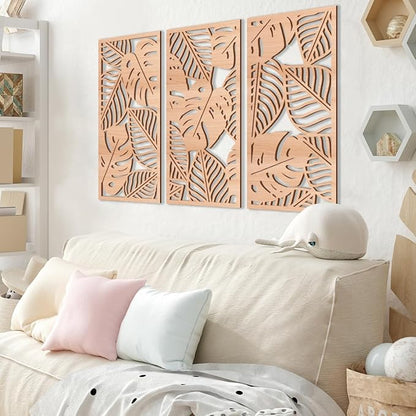 IARTTOP Large Wood Tropical Wall Art 15.9X32 Inch Carved Palm Leaves Wall Decor Coastal Leaf Monstera Plant Wall Sculptures for Living room Bedroom Set of 3